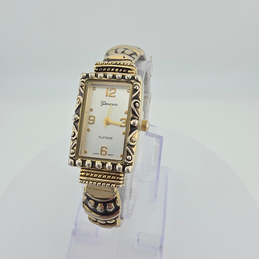 GENEVA Platinum Ladies Cuff Watch 3D Scroll Black Enamel Silver Gold Tone 6.25"